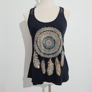Free Kisses Lace Back Tank Top Metallic Feathers Woman's Size Large Made In USA